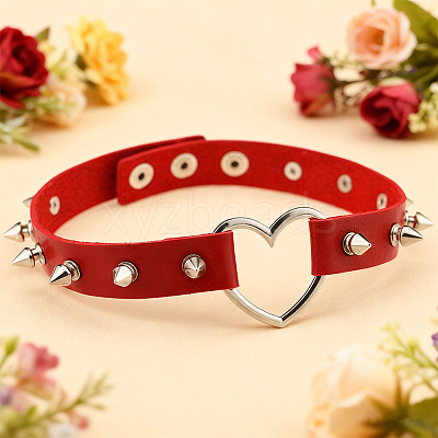 Adjustable Adjustable Gothic PU Leather Alloy Spike Rivet Heart Choker Necklaces for Women NJEW-WH20816-006P-C-1