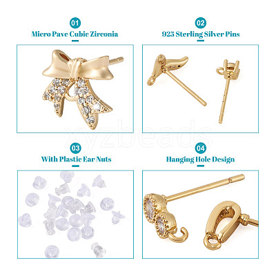 12Pcs 6 Style Brass Micro Pave Cubic Zirconia Stud Earring Findings KK-FW0001-10-1