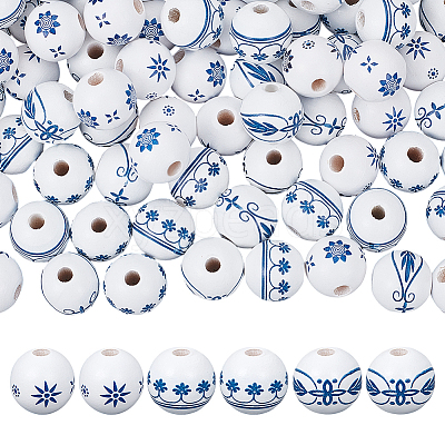 120Pcs 3 Styles Printed Blue and White Porcelain Wood Beads WOOD-OC0004-16-1