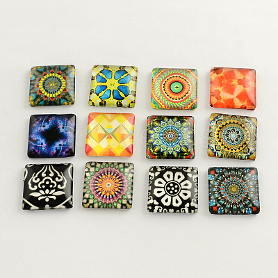 Floral Pattern Glass Flatback Square Cabochons GGLA-S022-15mm-37-1