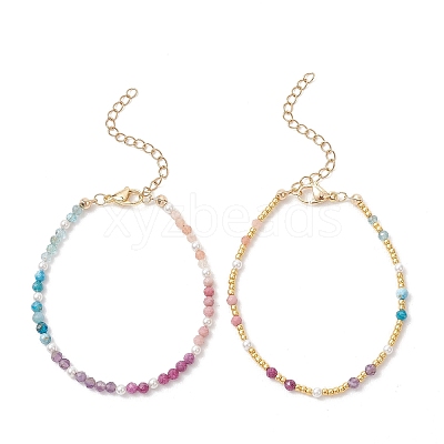 2Pcs 2 Styles Natural Ruby & Apatite & Sunstone & Rhodonite & Amethyst & Shell Pearl Beaded Bracelet Sets for Women2Pcs 2 Styles Natural Ruby & Apatite & Sunstone & Rhodonite & Amethyst & Shell Pearl Round Beaded Bracelet Sets for Women BJEW-JB13555-1