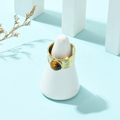 Natural Gemstone Round 304 Stainless Steel Cuff Open Rings for Women RJEW-JR01069-1