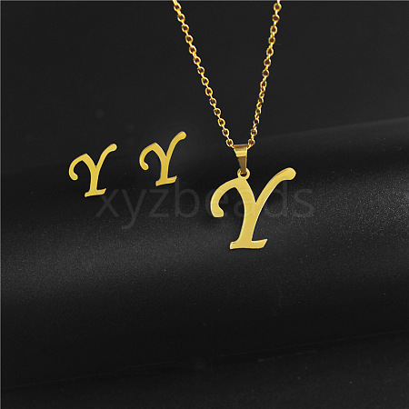 304 Stainless Steel Letter Pendant Necklaces & Stud Earrings Sets WG4BFDA-25-1