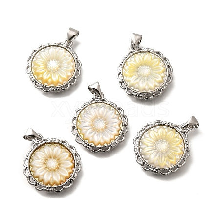 Brass Pave Natural Yellow Shell Carved Flower Pendants KK-Z091-02P-1