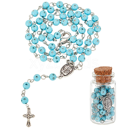 Sky Blue Acrylic Rosary Bead Necklaces NJEW-AB00002-1