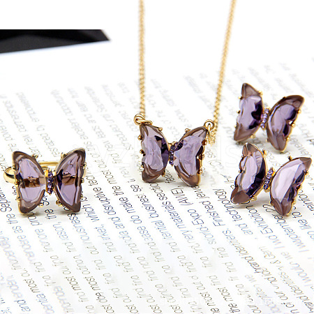 Butterfly Alloy Glass Pendant Necklaces & Stud Earrings & Rings Sets for Women WG31995-20-1