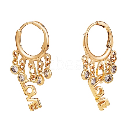 Word Love Brass Dangle Huggie Hoop Earrings EJEW-SW00001-03-1
