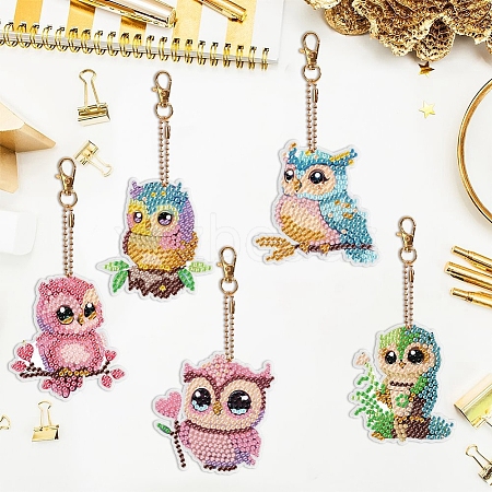5Pcs DIY Diamond Painting Owl Keychain Kits PW-WG45147-01-1