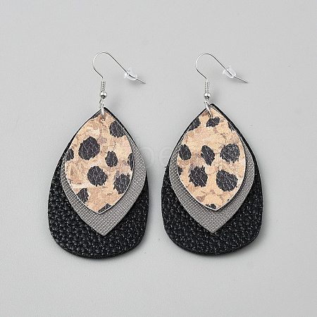 Leather Leopard Print Teardrop Dangle Earrings EJEW-WH0817-005A-1