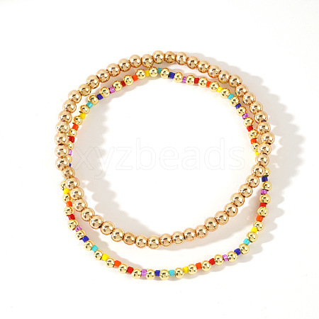 2Pcs Fashionable Brass & Seed Beads Beaded Stretch Bracelet Sets for Women ZD1327-2-1