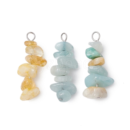 3Pcs Natural Aquamarine & Citrine & Flower Amazonite Chip Beaded Constellation Pendants PALLOY-JF03043-03-1