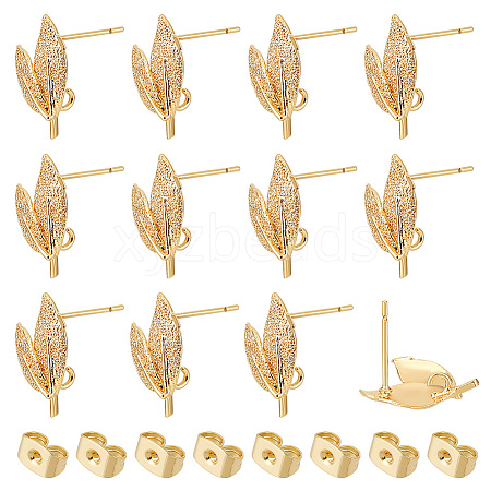 Beebeecraft 12Pcs Leaf Shape Brass Stud Earring Findings KK-BBC0011-57-1