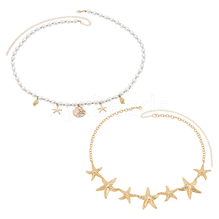 2Pcs 2 Styles Alloy Shell Shape Starfish Charms Plastic Pearl Rice Beaded Waist Belly Chains for Sexy Bikini AJEW-OC0015-31-1