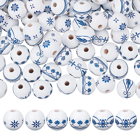 120Pcs 3 Styles Printed Blue and White Porcelain Wood Beads WOOD-OC0004-16-1