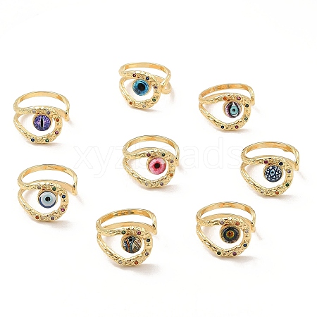 Resin Evil Eye Open Cuff Ring with Cubic Zirconia RJEW-E069-02G-1