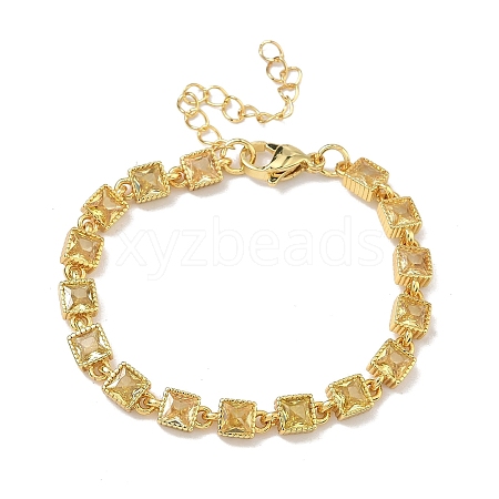 Square Brass Pave Cubic Zirconia Link Chain Bracelets for Women BJEW-P385-04G-06-1