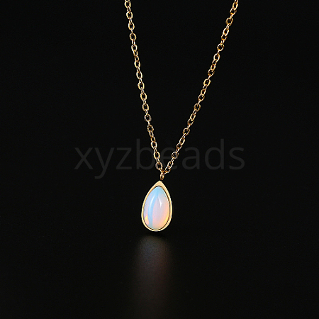 Opalite Teardrop Pendant Necklace with Stainless Steel Chains JD6752-1-1