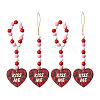 4Pcs 2 Style Valentine's Day Theme Schima Wood Beads & Hemp Rope Pendants Decorations HJEW-EL0001-10B-1