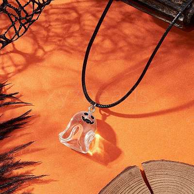 Halloween Resin Ghost Pendant Black Waxes Cord Necklaces for Women NJEW-TA00209-1