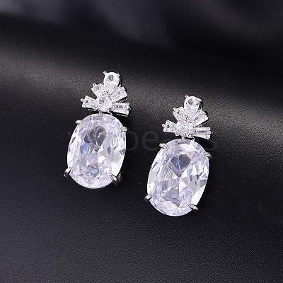 Brass Pave Cubic Zirconia Oval with Flower Stud Dangle Earrings for Women OA6190-3-1