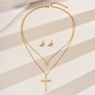201 Stainless Steel Rhinestones Double-layer Cross Pendant Necklace & Stud Earrings Set for Women LY3624-1