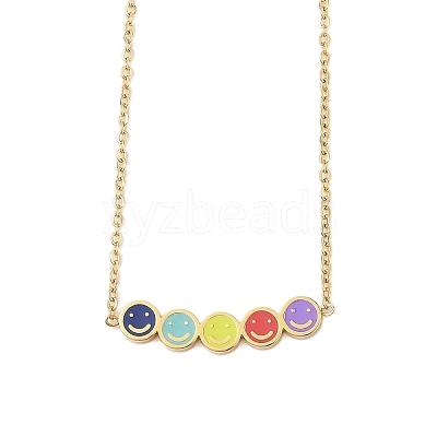 304 Stainless Steel Colorful Enamel Smiling Face Pendant Necklaces NJEW-N055-09G-1