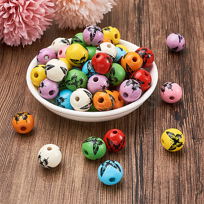 80Pcs 8 Colors Printed Natural Wood Beads WOOD-FW0001-09-1