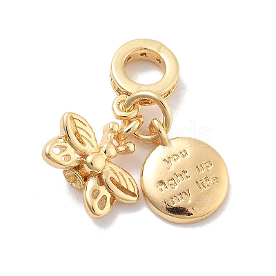 Brass Clear Cubic Zirconia Butterfly & Flat Round European Dangle Charms KK-M305-17G-1