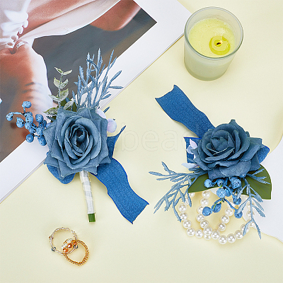 2Pcs 2 Style Silk Cloth & Plastic Imitation Flower Corsage Boutonniere & Wrist Corsage JEWB-CP0001-27A-1