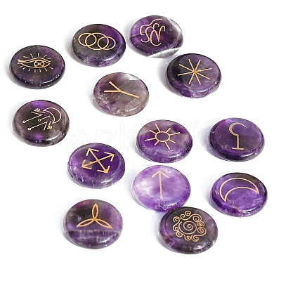 13Pcs 13 Styles Flat Round Natural Amethyst Rune Stones PW-WG15937-01-1
