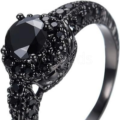Flat Round Brass Jet Rhinestone Finger Rings FS-WG232E0-02-1