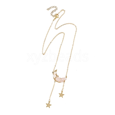 Natural Rose Quartz Chip Beads Moon Pendant Brass Cable Chain Necklaces for Women NJEW-TA00257-03-1
