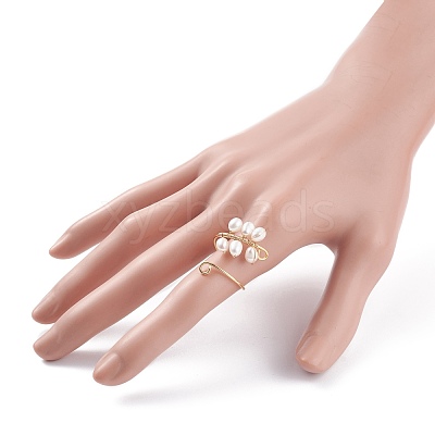 Copper Wire Wrapped Natural Cultured Freshwater Pearl Cuff Rings for Women RJEW-JR00438-1