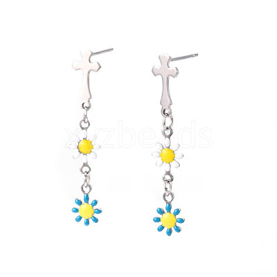Cross with Flower Enamel Long Dangle Stud Earrings EJEW-N049-01A-1