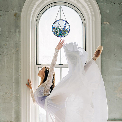 Flat Round with Butterfly Glass Hanging Suncatcher HJEW-WH0036-121-1