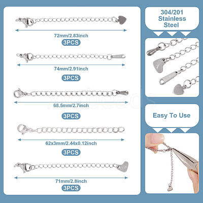 15Pcs 5 Styles 304/201 Stainless Steel Chain Extender STAS-TA0005-80-1