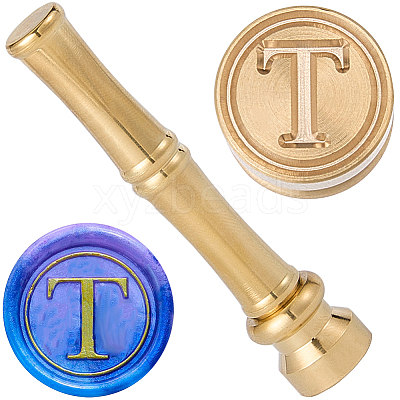 1Pc Golden Tone Brass Wax Seal Stamp Head with Bamboo Stick Shaped Handle STAM-CP0001-04M-1