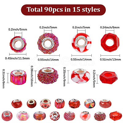 90Pcs 15 Styles Red Series Transparent Resin European Beads RPDL-SP0001-06-1