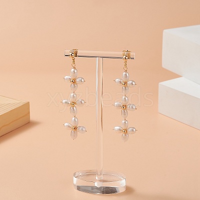 Natural Pearl Flower Long Dangle Stud Earrings EJEW-JE05208-1