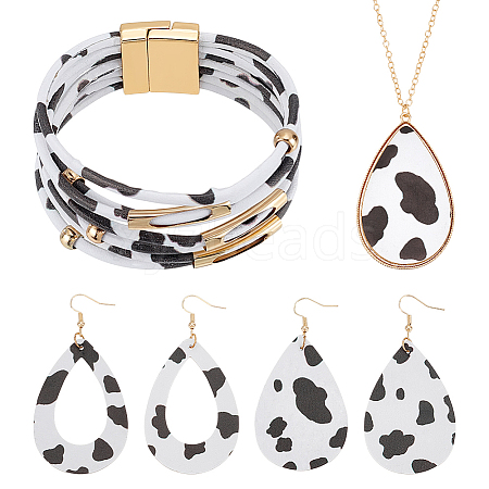 Leopard Teardrop PU Leather Pendant Necklaces & Bracelets & Dangle Earrings Sets SJEW-WH0007-07A-1