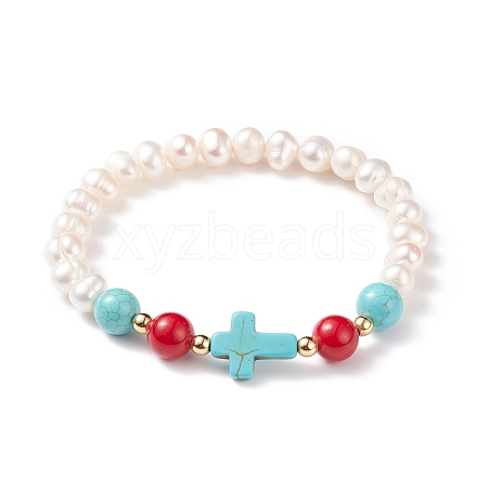 Synthetic Turquoise(Dyed) Cross & Natural Mashan Jade & Pearl Beaded Stretch Bracelet BJEW-TA00161-1