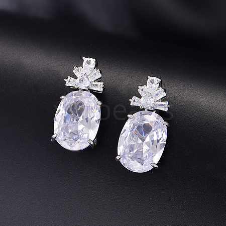 Brass Pave Cubic Zirconia Oval with Flower Stud Dangle Earrings for Women OA6190-3-1