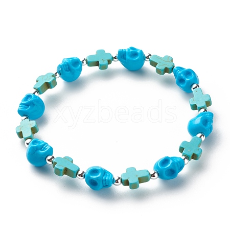 Synthetic Turquoise(Dyed) Cross & Skull Beaded Stretch Bracelet BJEW-JB08452-04-1