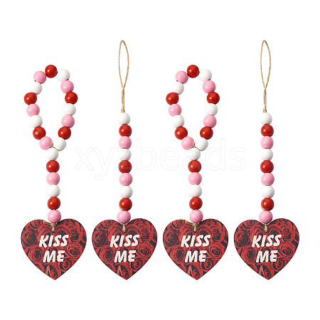 4Pcs 2 Style Valentine's Day Theme Schima Wood Beads & Hemp Rope Pendants Decorations HJEW-EL0001-10B-1