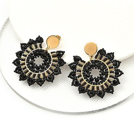 304 Stainless Steel & Bohemian Beaded Flower Dangle Stud Earrings for Women EJEW-R001-04A-1