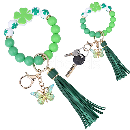 1Pc Butterfly with Clover Silicone & Imitation Leather Tassel Keychains HJEW-BM0001-89-1
