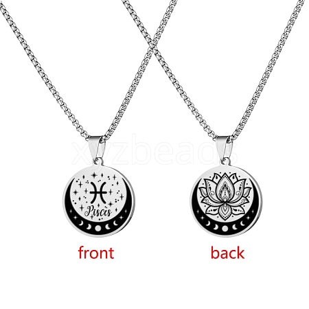 12 Constellation Titanium Steel Half Moon & Lotus Pendant Box Chain Necklaces PW-WGE44A0-08-1