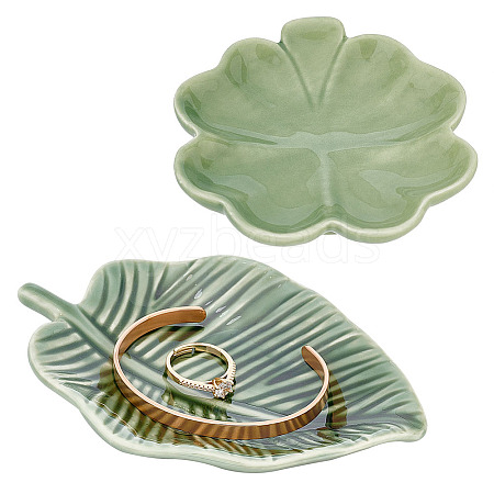   2Pcs 2 Style Leaf/Clover Pattern Porcelain Jewelry Plate AJEW-PH0018-08-1