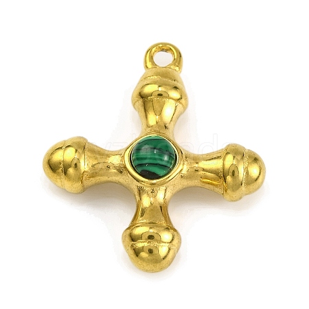 Synthetic Malachite & 304 Stainless Steel Cross Pendants STAS-H221-01G-04-1