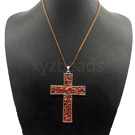 Eco-friendly Zinc Alloy & Natural Chip Red Jasper Handmade Cross Pendant Cord Necklaces for Women Men RL5831-1-1